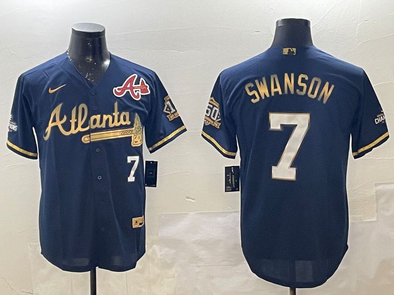 Men Atlanta Braves 7 Swanson Black Gold Game 2025 Nike MLB Jersey style 3